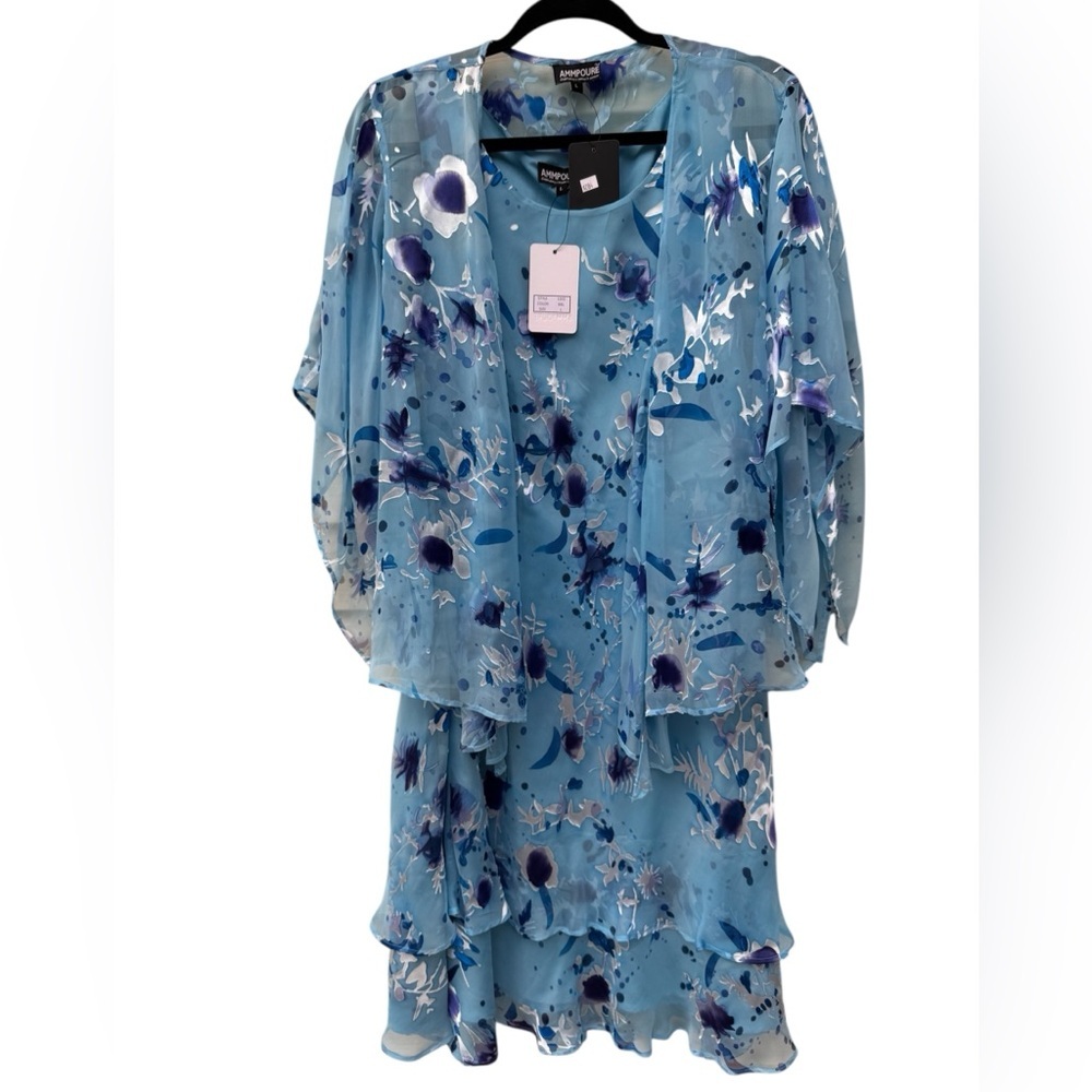 2Piece Set Blue Silk Floral Dress Sheer Overlay Sz Large NWT layered hem